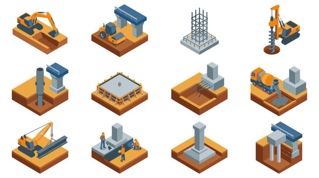 Isometric Construction Equipment and Machinery Set.