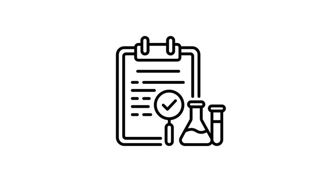 Research clipboard with magnifying glass and lab equipment icon