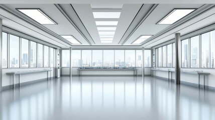 Obraz premium Modern minimalist empty office interior with floor to ceiling overlooking a sprawling metropolitan cityscape