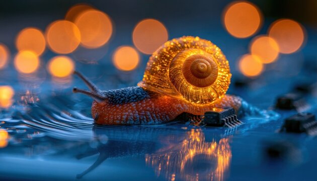 Glowing golden spiral shell snail on a reflective blue surface with warm bokeh lights
