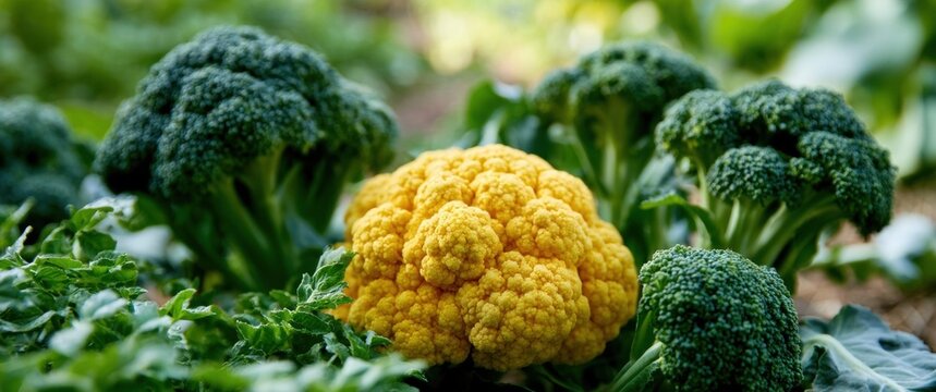 Golden cauliflower head surrounded by green broccoli florets in a garden setting