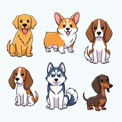 Obraz premium Cute Dog Breed Character Collection Golden Retriever Corgi Beagle Husky and Dachshund Flat Vector Set