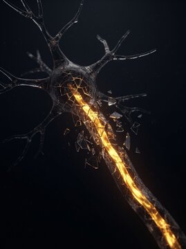 A dark glass neuron being restored by a flowing core of glowing liquid gold, a powerful premium visual for ALS Awareness Month and neurology.