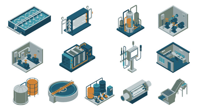 Isometric industrial equipment and machinery for water treatment and purification plants.