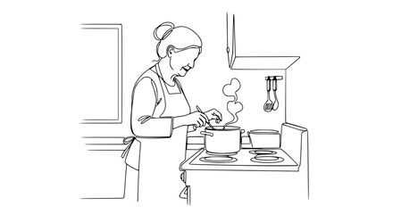 Fototapeta premium Elderly Woman Cooking Food On Stove, Steam Rising From Pot, Kitchen Scene, Line Art Illustration