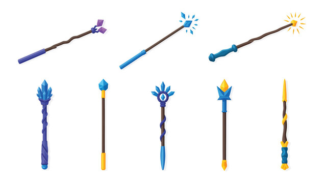 Set of magic wands, wizard staffs, and sorcerer scepters, isolated on white background, vector illustration.