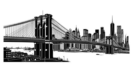 Obraz premium brooklyn bridge vector silhouette metropolis black and white illustration of iconic american city skyline with suspension cables over river and downtown skyscrapers for travel art