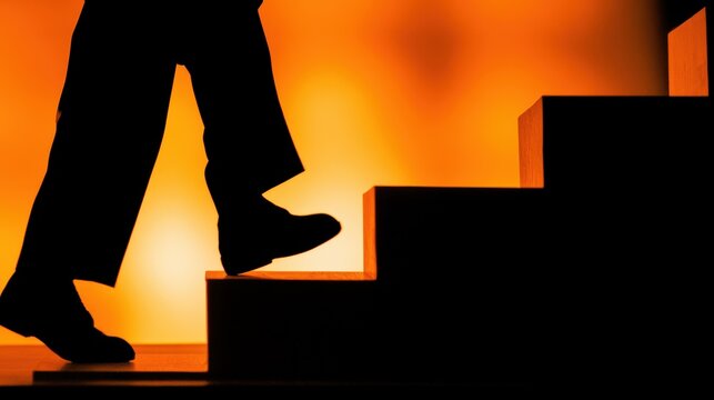 A confident leader silhouette advances between rising wooden platforms, representing direction, authority, sound decision-making, team guidance, and business achievement.
