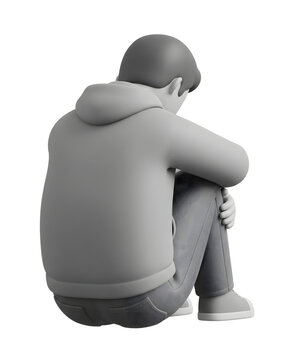 3D Monochrome Illustration of a Sad Person Sitting on the Floor