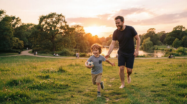 Father and Son Playing Football in Public Park Lawn During Warm Golden Hour Sunset