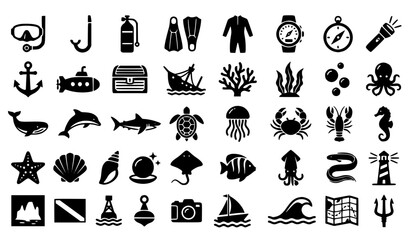 Minimalist Underwater Exploration Black Icon Set with Marine Life Diving Equipment and Ocean Symbols Vector © Aslam