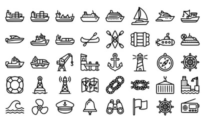 Set of 40 Outline Water Transport Icons for Maritime Logistics Marine Navigation and Shipping Vector © Aslam