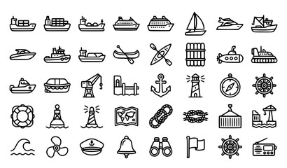Set of 40 Outline Water Transport Icons for Maritime Logistics Marine Navigation and Shipping Vector © Aslam