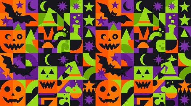 Modern Bauhaus style Halloween seamless pattern background with orange, purple, and green geometric shapes