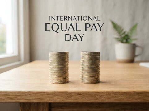 International equal pay day sign with two stacked piles of coins on a wooden table