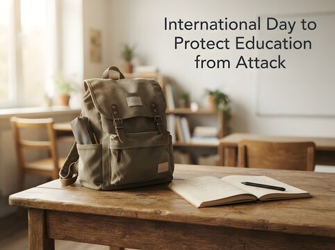 School backpack and open notebook on a wooden desk in a sunny classroom for education day