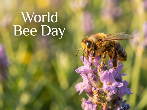 Honey bee collecting nectar from a purple flower on a sunny spring day for world bee day
