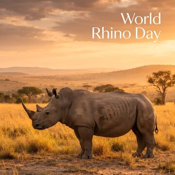 Rhino standing in the african savanna during sunset for world rhino day celebration