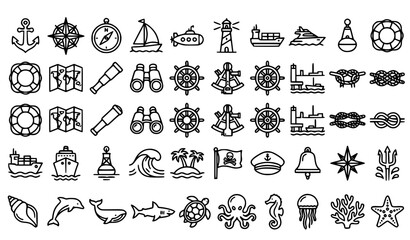 Sea Navigation Outline Icon Set with Nautical Marine Travel and Ocean Symbols Editable Stroke Vector © Chhalaha