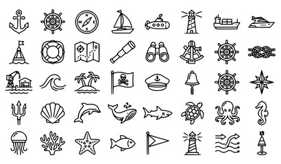 Sea Navigation Outline Icon Set with Nautical Marine Travel and Ocean Symbols Editable Stroke Vector © Chhalaha
