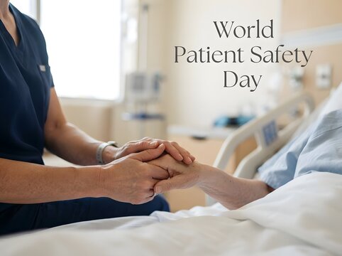 Doctor holding patient hand in hospital room to celebrate world patient safety day theme