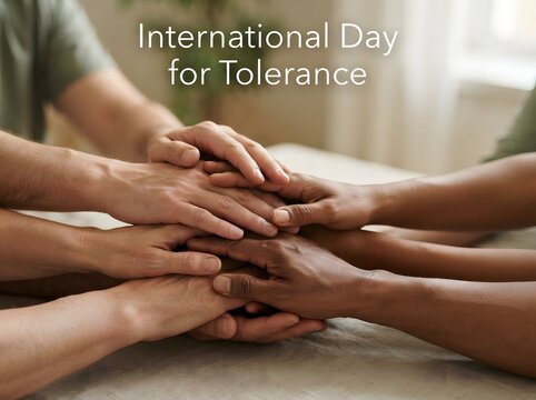Group of diverse people stacking hands together for international day for tolerance