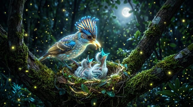 Magical Bioluminescent Bird Feeding Its Chicks in a Glowing Nest within an Enchanted Forest at Night