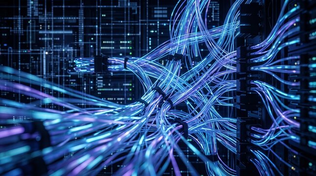 High-Speed Fiber Optic Cables Glowing in a Modern Data Center Server Room