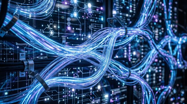 Futuristic Glowing Fiber Optic Cables in a High-Tech Data Center for High-Speed Digital Communication