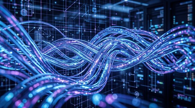Glowing fiber optic cables flowing through a futuristic digital data center for high-speed data transfer and network connectivity concept