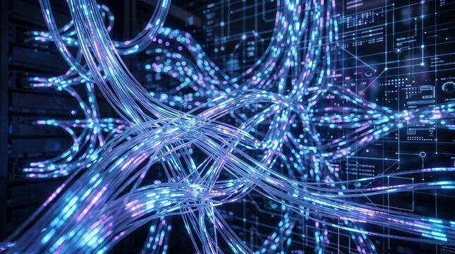 Futuristic Data Center with Glowing Blue Fiber Optic Cables and Digital Information Display