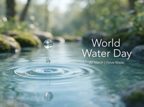 World water day concept with a fresh water drop falling into a clear green pond nature