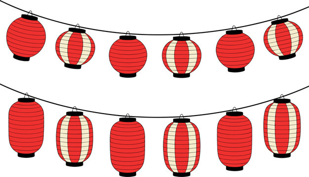 Japanese paper lanterns string vector set, red and white chochin hanging garland for festival decoration