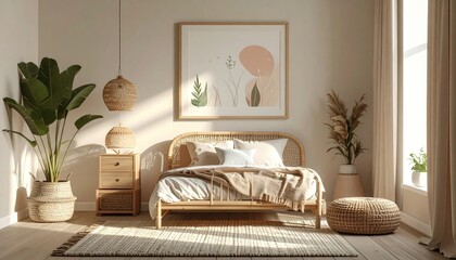 Fototapeta premium Bohemian bedroom with rattan furniture and green plants.