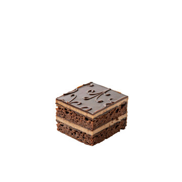 A single square piece of delicious chocolate opera cake isolated on white background.