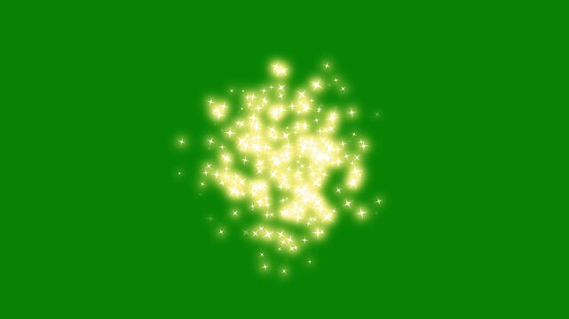 Glowing fairy dust animation, sparkling star glitter explosion, golden twinkle stars, asset, magical particle burst, elegant shimmer light effects, seamless glowing pixie dust burst on green screen.4k