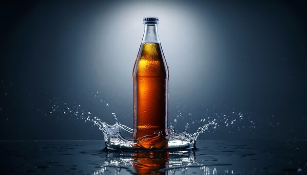 Glass bottle of amber liquid with splashing water, studio shot with dramatic lighting