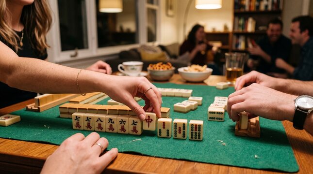 Friends playing dominoes at a cozy indoor gathering.