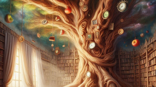 Surreal tree of time growing inside vintage library with hanging clocks apples and starry ceiling
