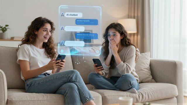 Two women react differently to a phone's AI chatbot conversation.