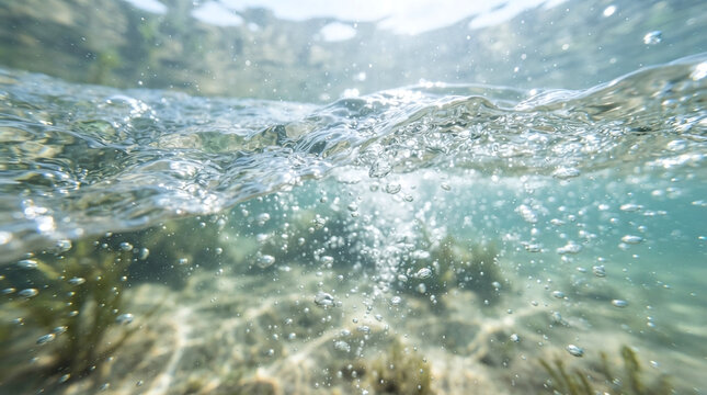 Underwater View of Clear Fresh Water Ripple with Air Bubbles and Sunlight Rays