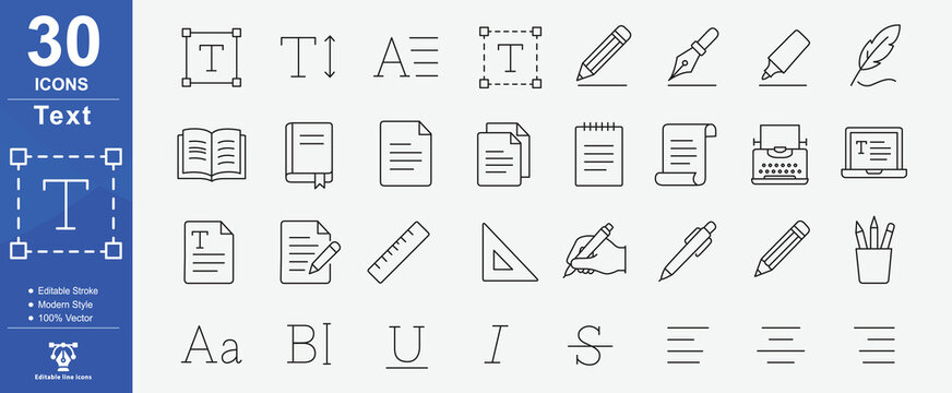 Collection Of Thirty Line Icons Representing Typography Writing And Office Stationery, Text web icons in line style. Words, read, copywriting,