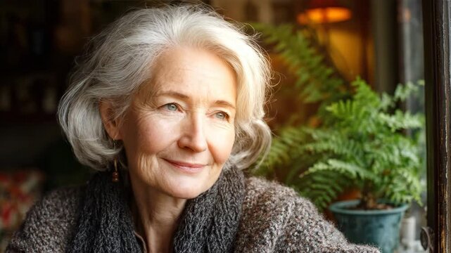 Serene senior woman with grey hair looks thoughtfully out a window, smiling gently.