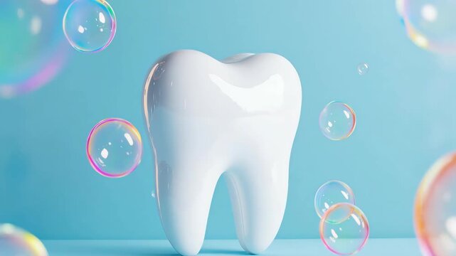 3D white tooth gently bouncing up and down in pastel mint studio background