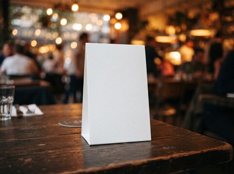 Blank white tent card standing on a rustic wooden table in a dimly lit restaurant with patrons blurred in the background, ideal for menu or advertising