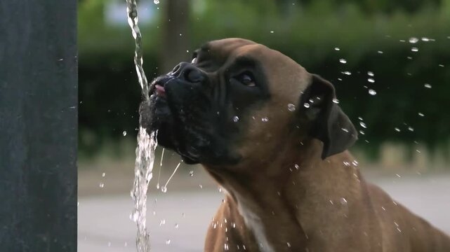 Thirsty Boxer Dog Quenches Thirst: A brown boxer dog with a black muzzle eagerly laps up water from a fountain on a warm day.