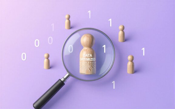 Magnifying glass highlights "data optimized" figure, surrounded by binary digits and other figures.