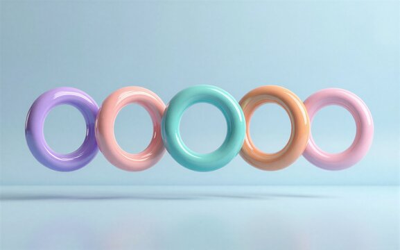Five colorful rings float gently against a soft, pastel blue background.