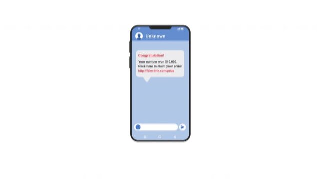 A message with fake link on a smartphone with an alpha channel background. A fake text message from an unknown number.