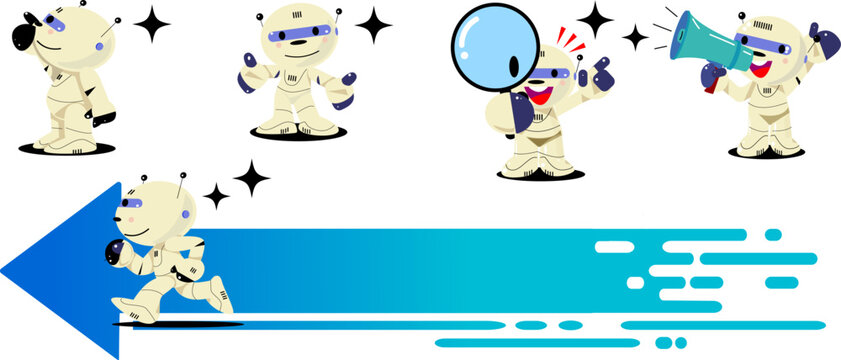 Cute AI Robot Character Vector Set with Various Poses, Magnifying Glass, Megaphone, and Arrow Banner